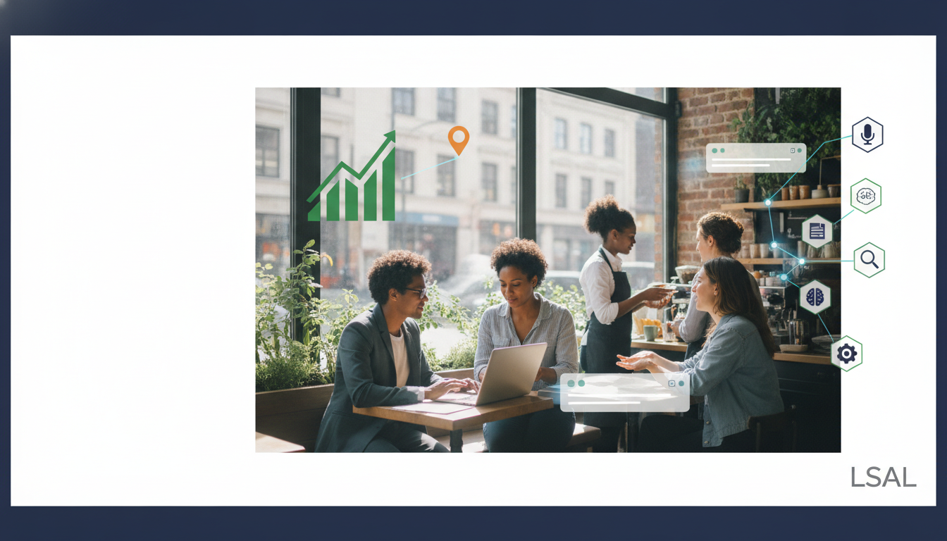 Small business owner using AI tools on a laptop, surrounded by futuristic AI interfaces