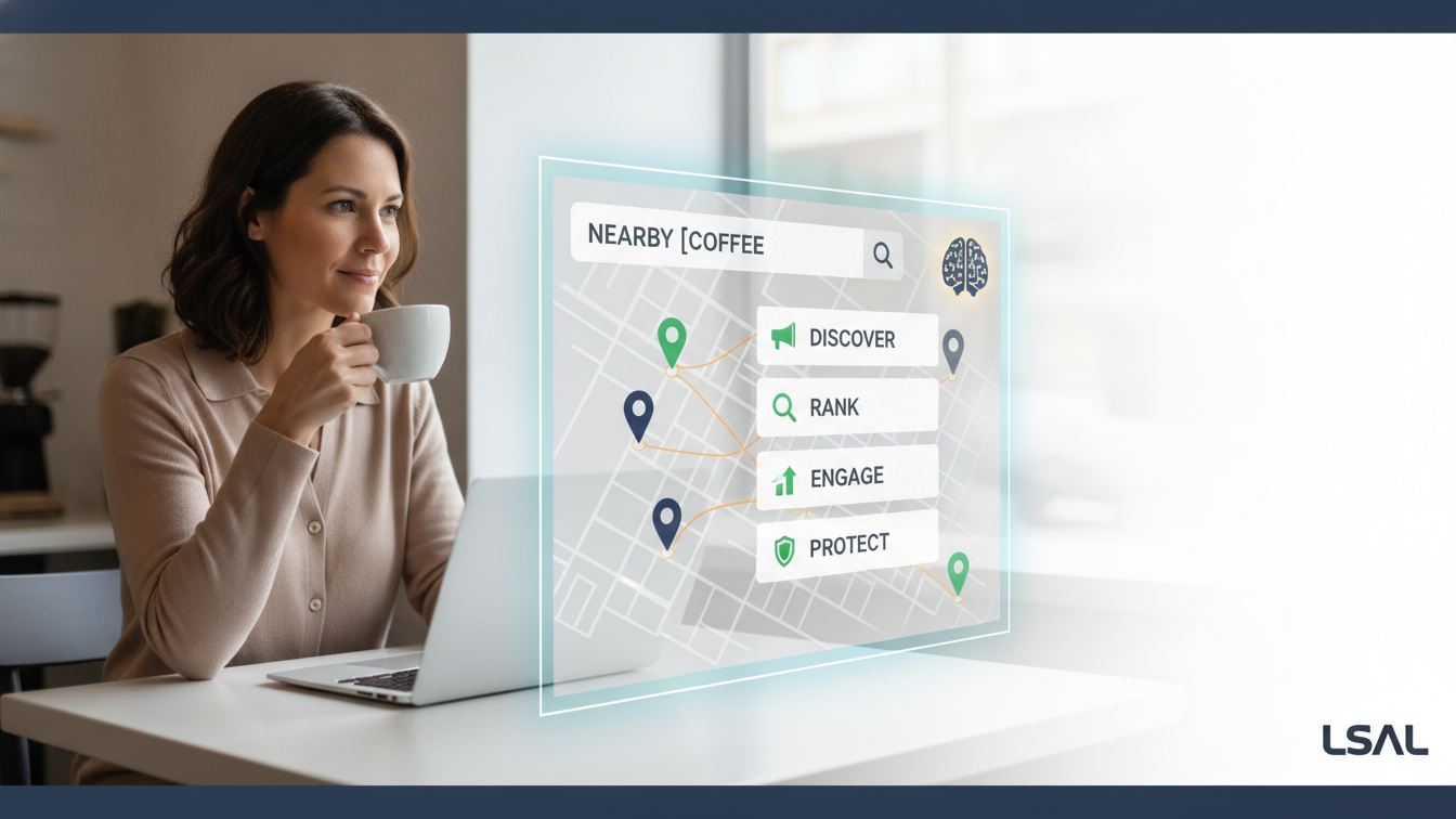 A small business owner using AI tools on a tablet, with futuristic AI interfaces around them, representing an unfair advantage.