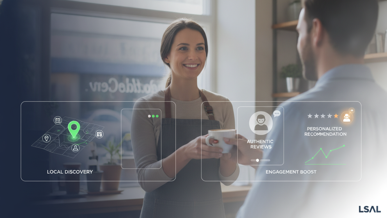 Local business owner interacting with a customer, with subtle AI interface elements in the background, symbolizing AI assisting human connection.