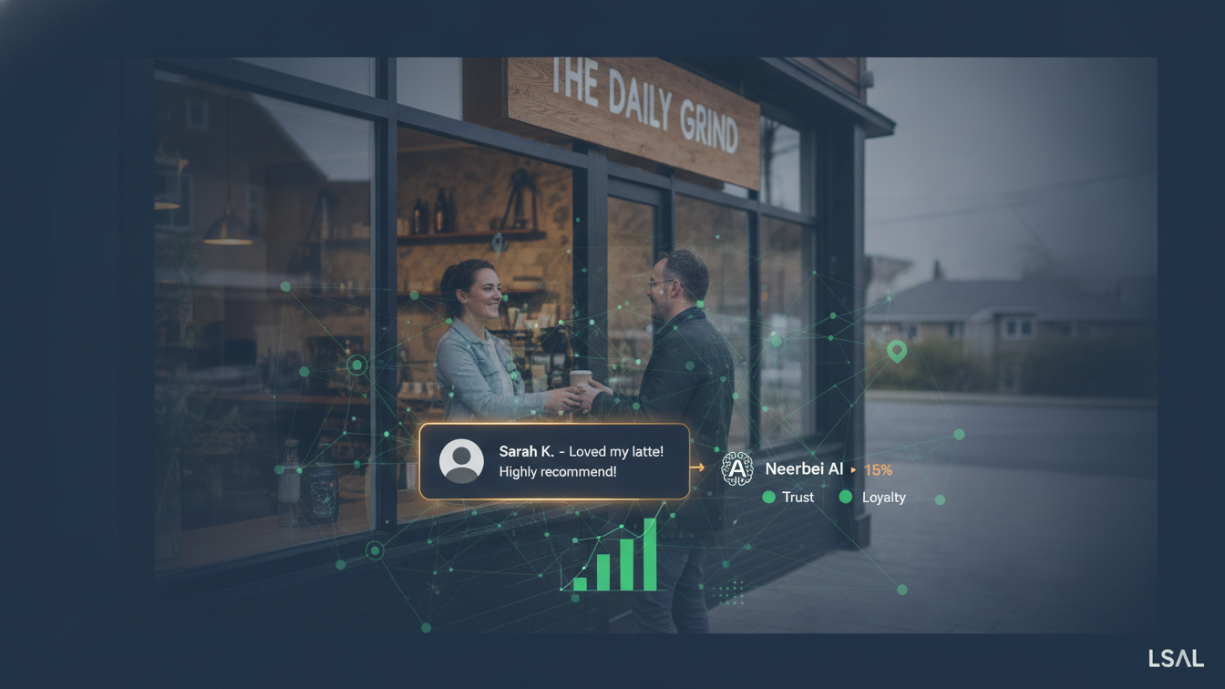AI robot hand shaking human hand, symbolizing trust in local business