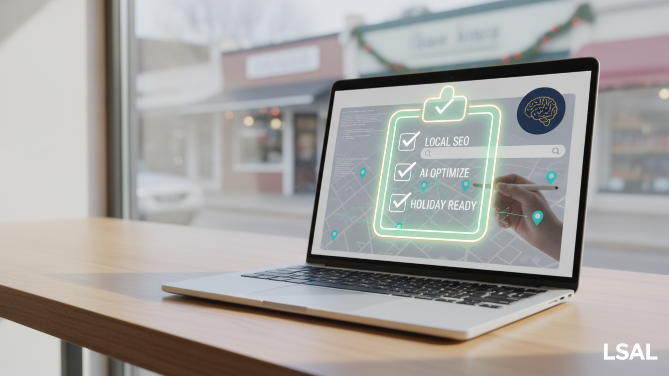 Small business owner planning holiday marketing with a checklist, laptop, and AI concepts